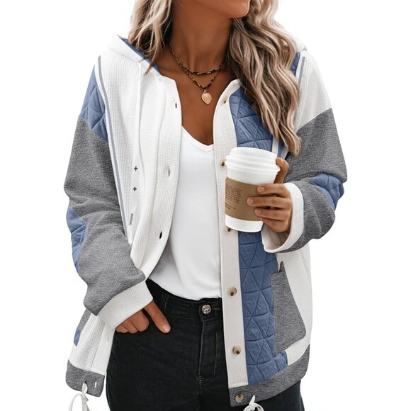 Jackets & Blazers - Womens Quilted Waffle Knit Shacket Lightweight Button Hoodie Jacket Small